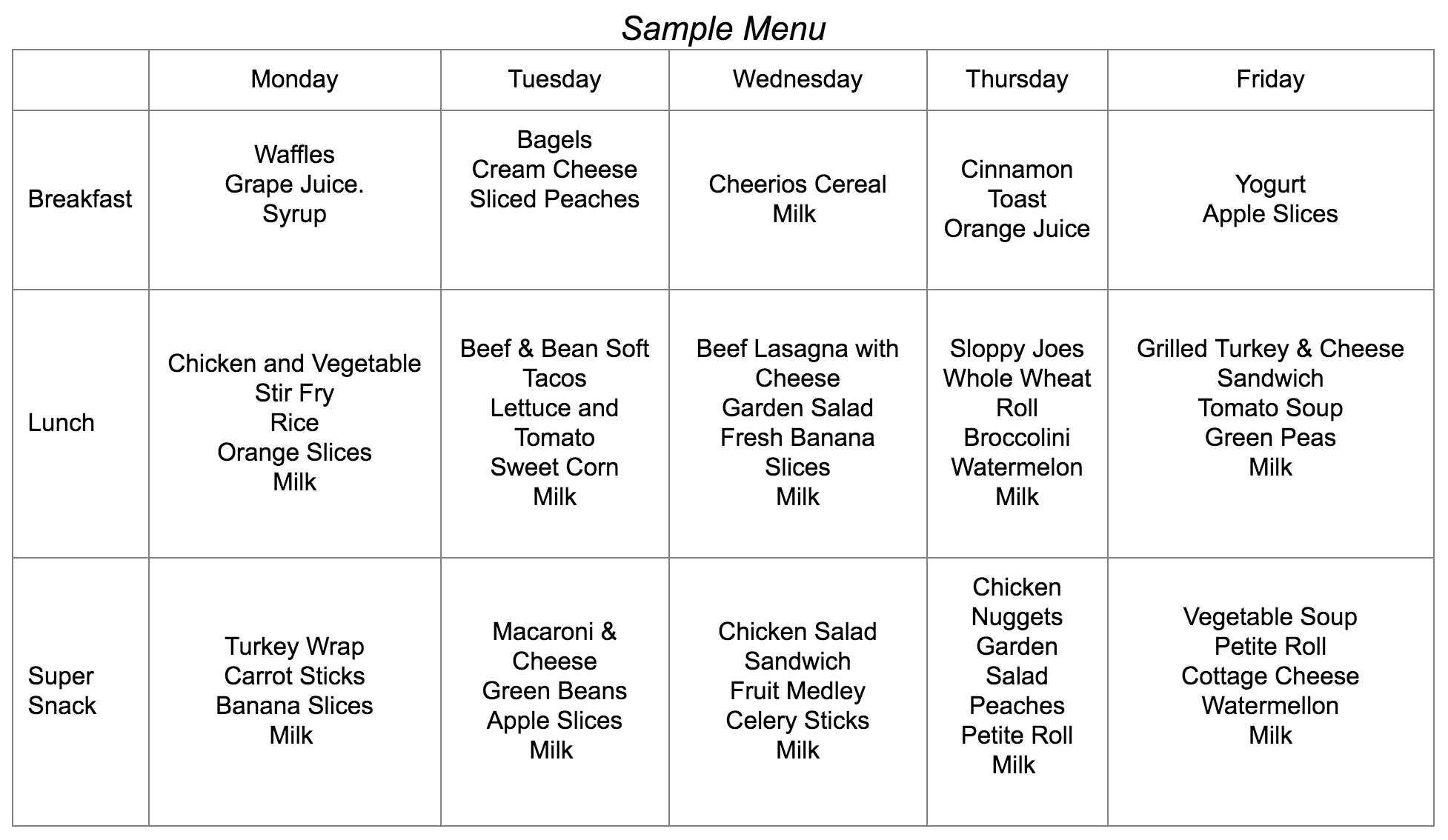 sample menu sample menu