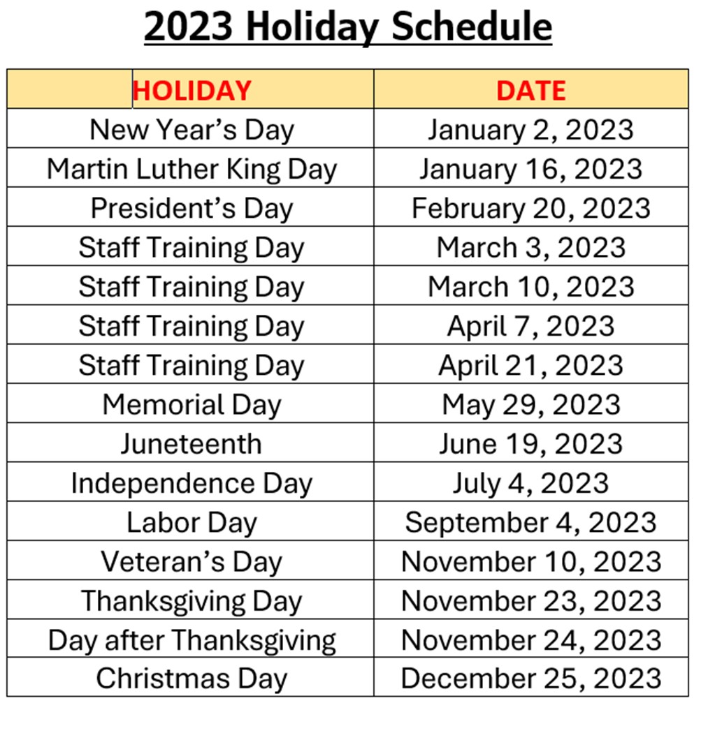 Holiday Schedule 2023 Holiday Schedule 2023